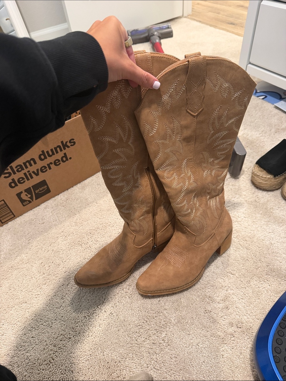 Classic Knee-High Suede Cowboy Boots - Tan